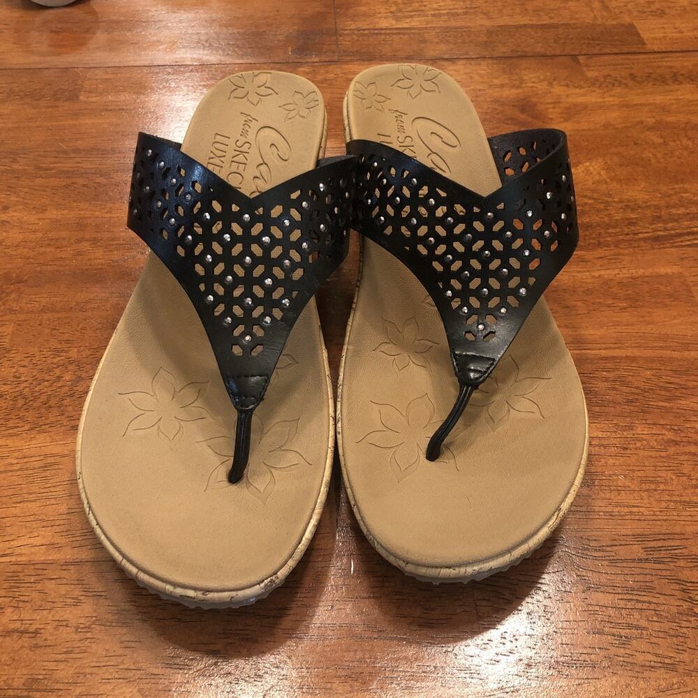 NEW Skechers Cali Beverlee - Pier Stroll Sandals Thongs Flip Flops Black Size 10